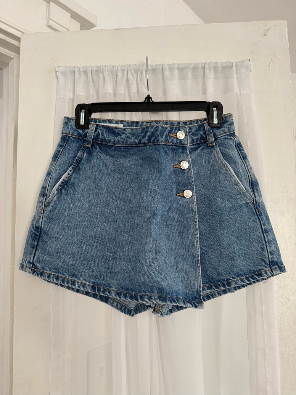 High-Rise Blue Denim Mini Skort/ Shorts